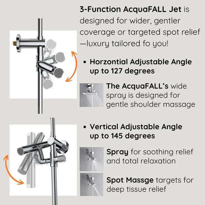 Forno Acqua AcquaFALL Shower, Polished Stainless Steel Finish, Overhead Rainfall Shower, 7 Way Diverter, Handheld Shower Head, Body Jets, 2.5 GPM Flow Rate