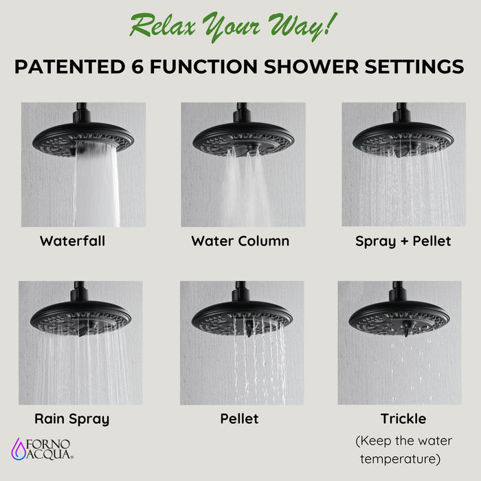 Forno Acqua AcquaFALL Shower, Matte Black Finish, Overhead Rainfall Shower, 7 Way Diverter, Handheld Shower Head, Body Jets, 2.5 GPM Flow Rate