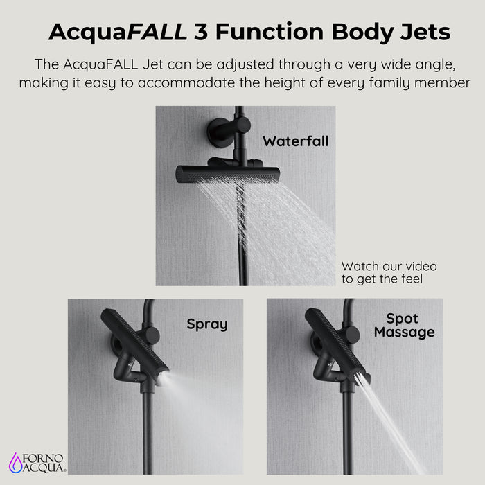 Forno Acqua AcquaFALL Shower, Matte Black Finish, Overhead Rainfall Shower, 7 Way Diverter, Handheld Shower Head, Body Jets, 2.5 GPM Flow Rate