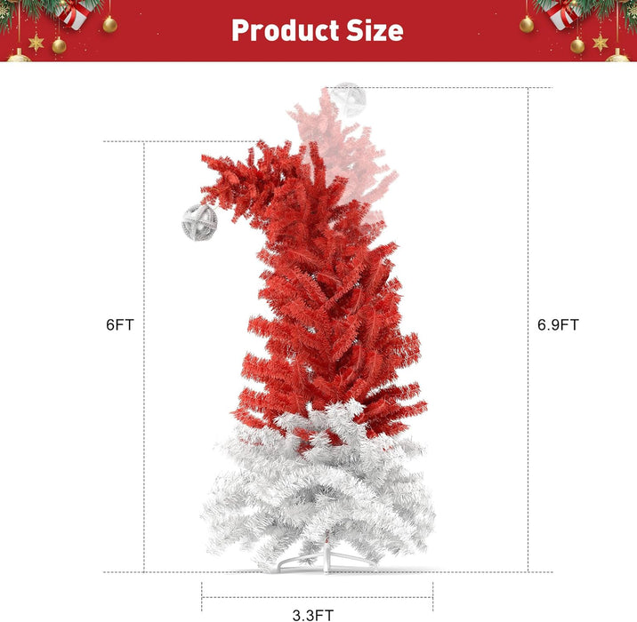 6ft Bendable Santa Hat Style Artificial Christmas Fir Tree Xmas Tree with Metal Stand, 1050 Lush Branch Tips, Red