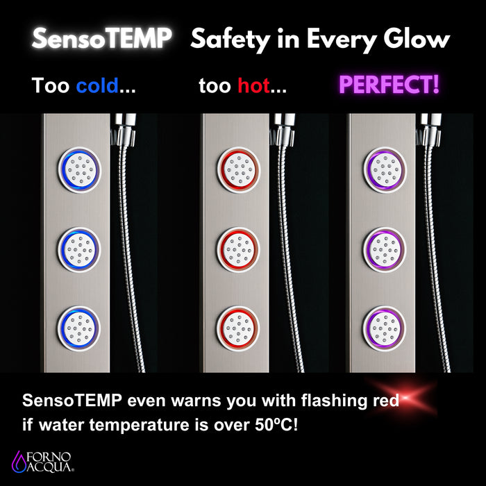 Forno Acqua AcquaSpa Shower Panel with SensoTemp, Stainless Steel, Overhead Rainfall Shower, Handheld Shower Head, Body Jets, 2.5 GPM Flow Rate