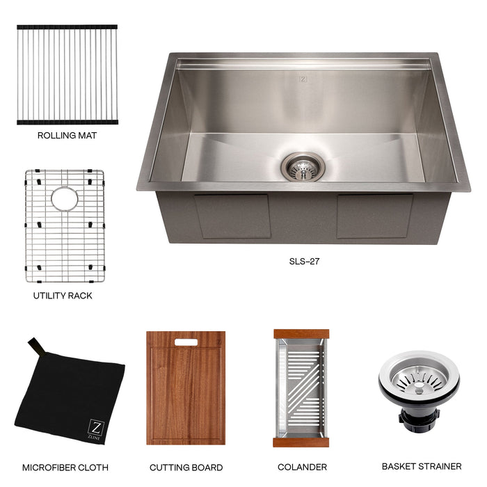 ZLINE 27 in. Garmisch Undermount Single Bowl Stainless Steel Kitchen Sink with Bottom Grid and Accessories, SLS-27