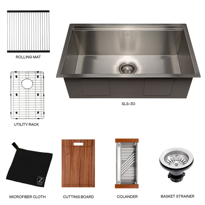 ZLINE Garmisch 30 in. Undermount Single Bowl Stainless Steel Kitchen Sink with Bottom Grid and Accessories (SLS-30)