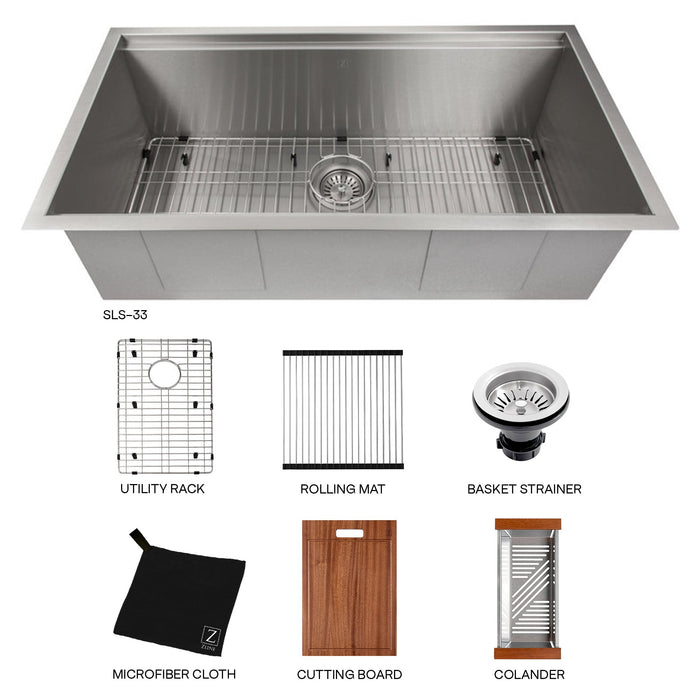 ZLINE 33 in. Garmisch Undermount Single Bowl Stainless Steel Kitchen Sink with Bottom Grid and Accessories, SLS-33