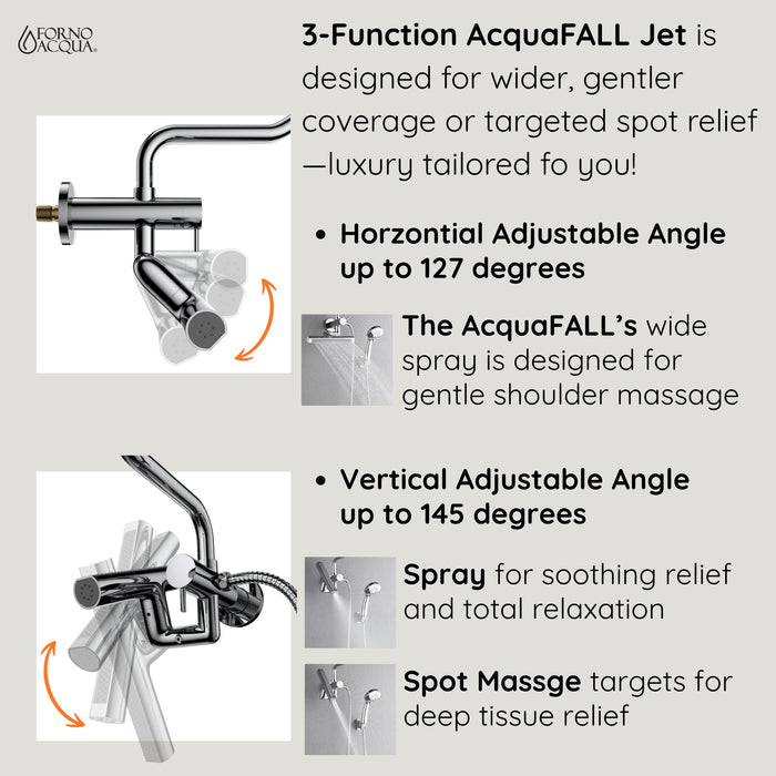 Forno Acqua AcquaFALL Mini Shower Head, Brushed Nickel Finish, Overhead Rainfall Shower, 7 Way Diverter, Handheld Shower Head, Body Jets, 1.8 GPM Flow Rate