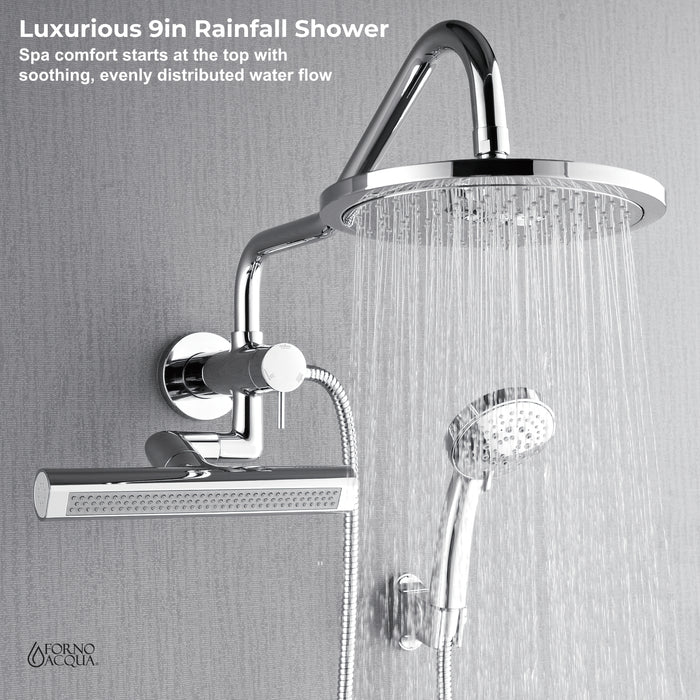 Forno Acqua AcquaFALL Mini Shower Head, Polished Stainless Steel Finish, Overhead Rainfall Shower, 7 Way Diverter, Handheld Shower Head, Body Jets, 1.8 GPM Flow Rate