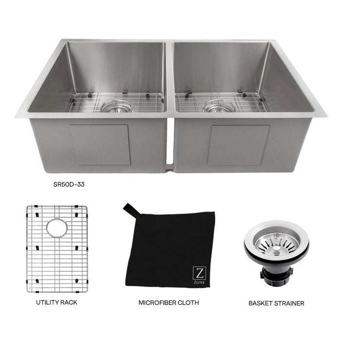 ZLINE Anton 33 in. Undermount Double Bowl Stainless Steel Kitchen Sink with Bottom Grid (SR50D-33)