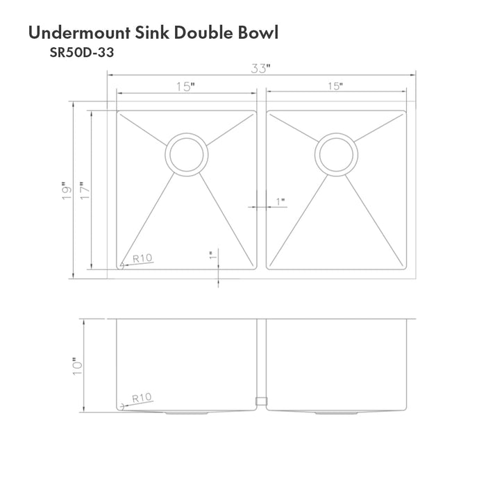 ZLINE Anton 33 in. Undermount Double Bowl Stainless Steel Kitchen Sink with Bottom Grid (SR50D-33)