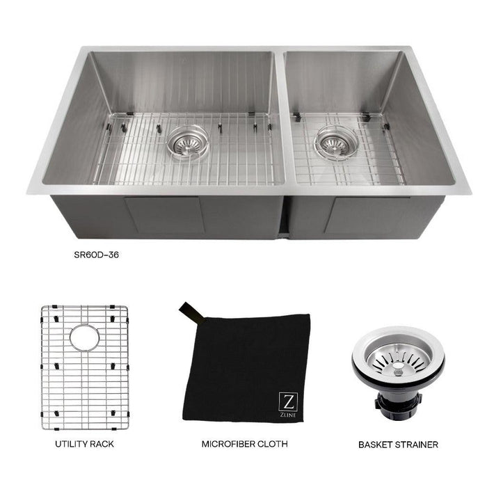 ZLINE 36 in. Chamonix Undermount Double Bowl Kitchen Sink with Bottom Grid (SR60D-36)