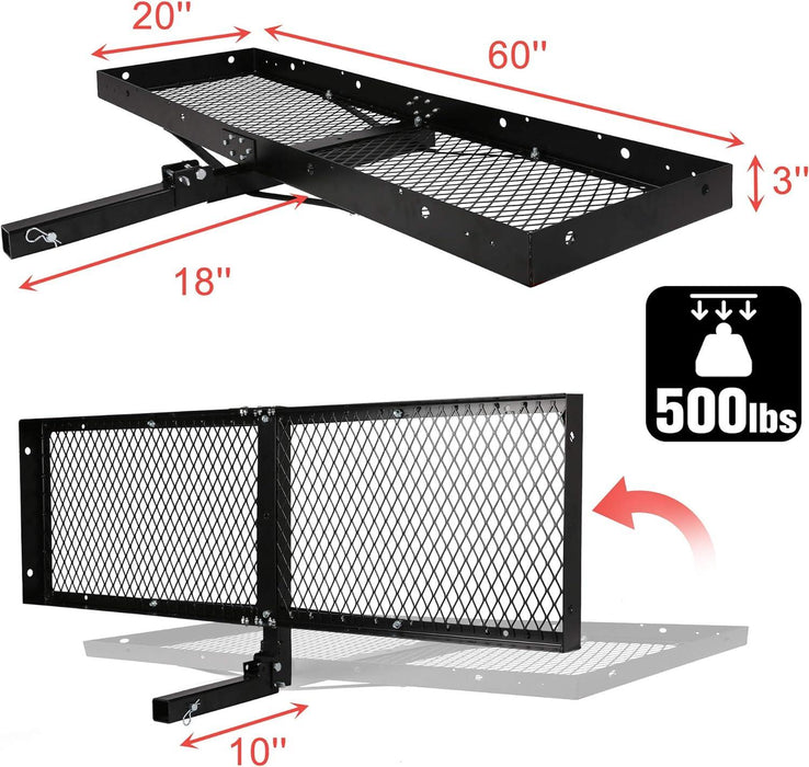 60"x 20"x 3" Hitch Mount Steel Cargo Carrier Basket Folding Cargo Rack with 2" Receiver, Black