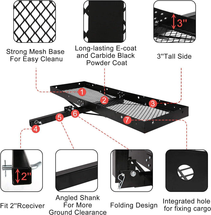 60"x 20"x 3" Hitch Mount Steel Cargo Carrier Basket Folding Cargo Rack with 2" Receiver, Black