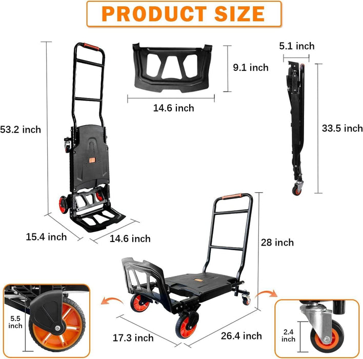 2 in 1 One-Button Folding Hand Truck Folding Portable Flatbed Dolly Cart with Secure Cord, 330lbs Capacity