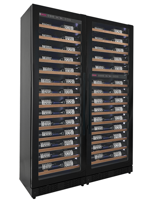 Reserva Series 134 Bottle 71" Tall Three Zone Black Side-by-Side Shallow Wine Refrigerator with Wood Front Shelves