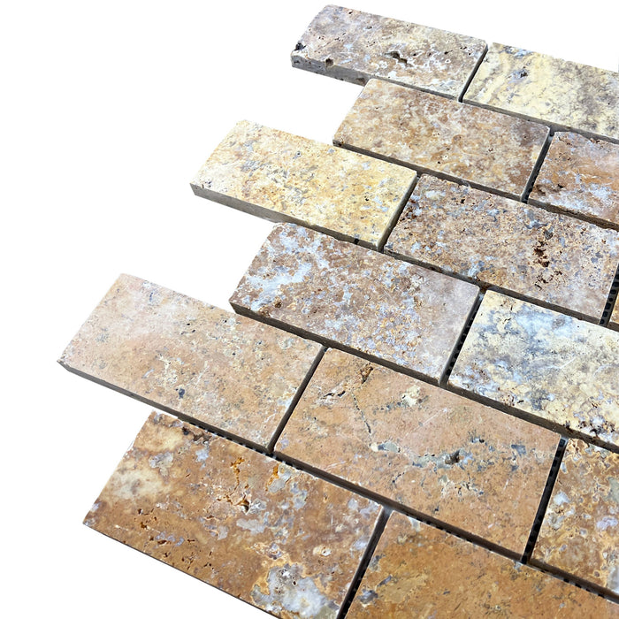 Scabos Travertine 2"x4" Brick Honed on 12" x 12" Mesh Mosaic Tile - Belair Collection