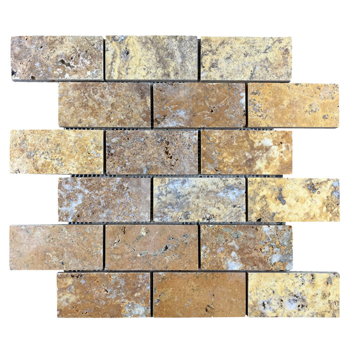 Scabos Travertine 2"x4" Brick Honed on 12" x 12" Mesh Mosaic Tile - Belair Collection