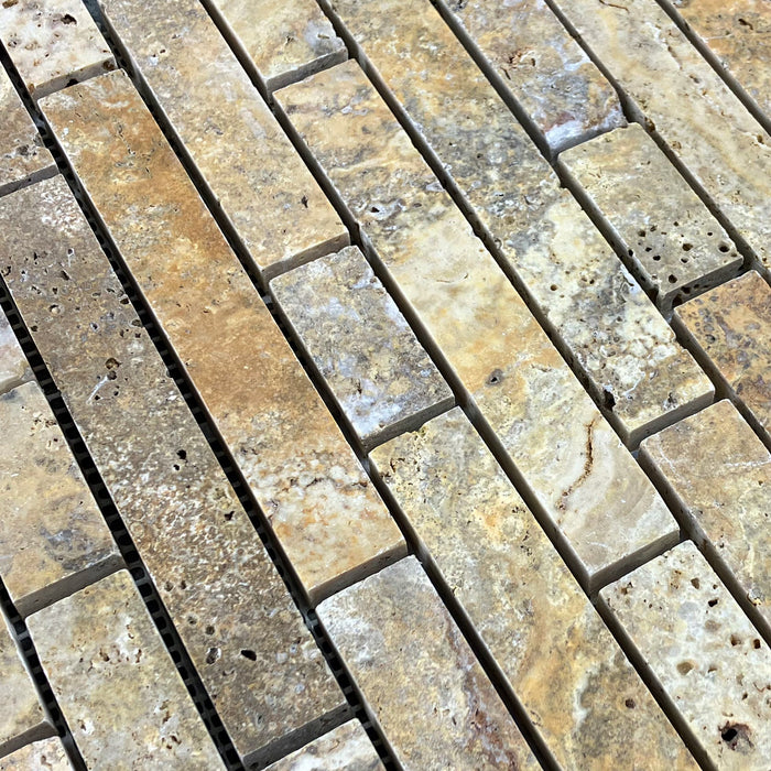 Scabos Travertine Strip Liner on 12" x 12" Mesh Mosaic Tile - Belair Collection