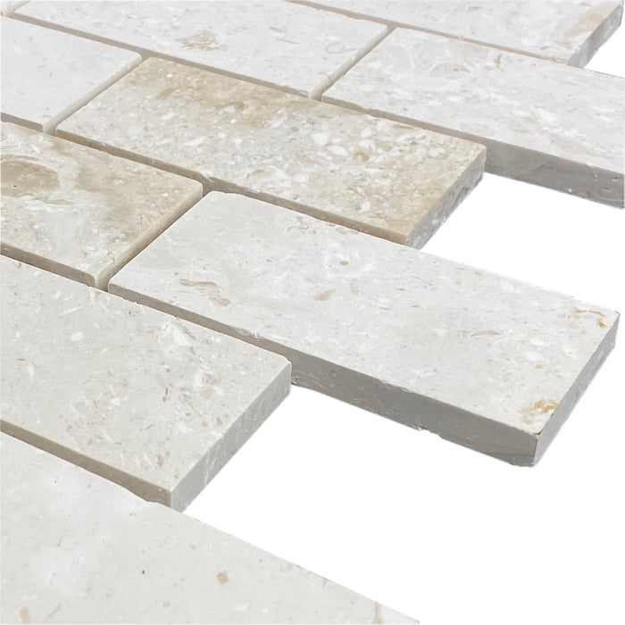 Shell Stone Limestone 2"x4" Brick Honed on 12" x 12" Mesh Mosaic Tile - Belair Collection