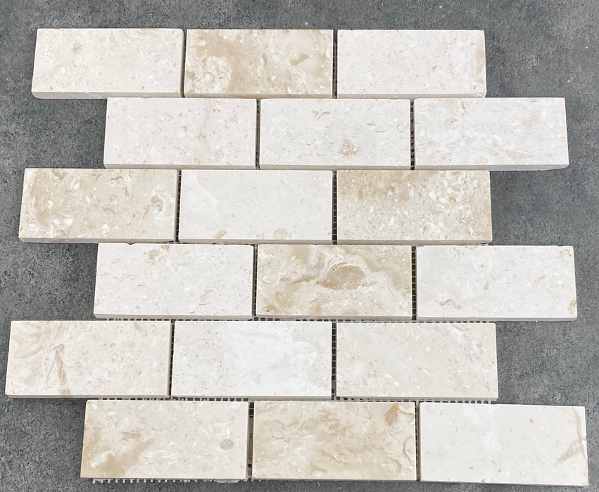Shell Stone Limestone 2"x4" Brick Honed on 12" x 12" Mesh Mosaic Tile - Belair Collection