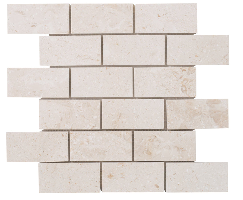 Shell Stone Limestone 2"x4" Brick Honed on 12" x 12" Mesh Mosaic Tile - Belair Collection