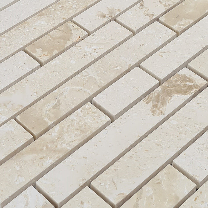 Shell Stone Limestone Strip Liner on 12" x 12" Mesh Mosaic Tile - Belair Collection