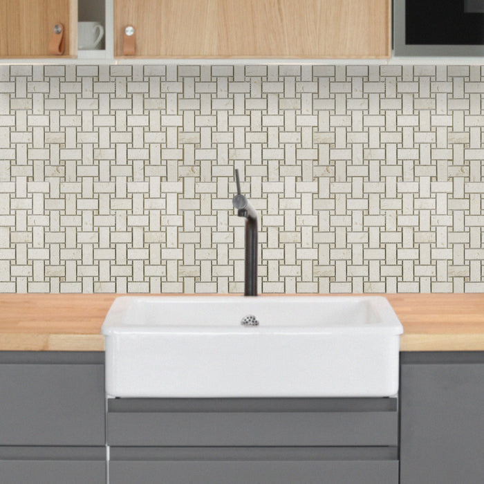 Shell Stone Limestone Basketweave Design on 12" x 12" Mesh Mosaic Tile - Belair Collection