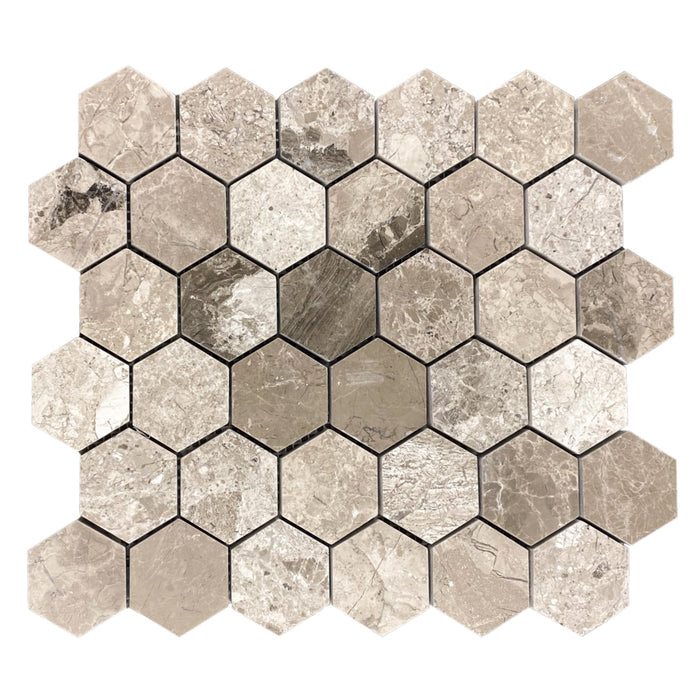 Silver Shadow Marble 2" Hexagon on 12" x 12" Mesh Mosaic Tile - Belair Collection