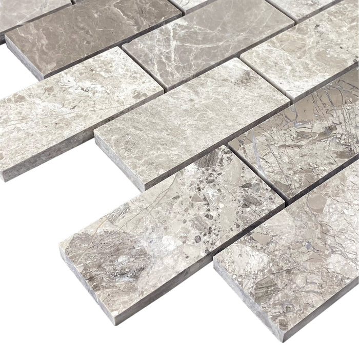 Silver Shadow Marble 2"x4" Brick Honed on 12" x 12" Mesh Mosaic Tile - Belair Collection