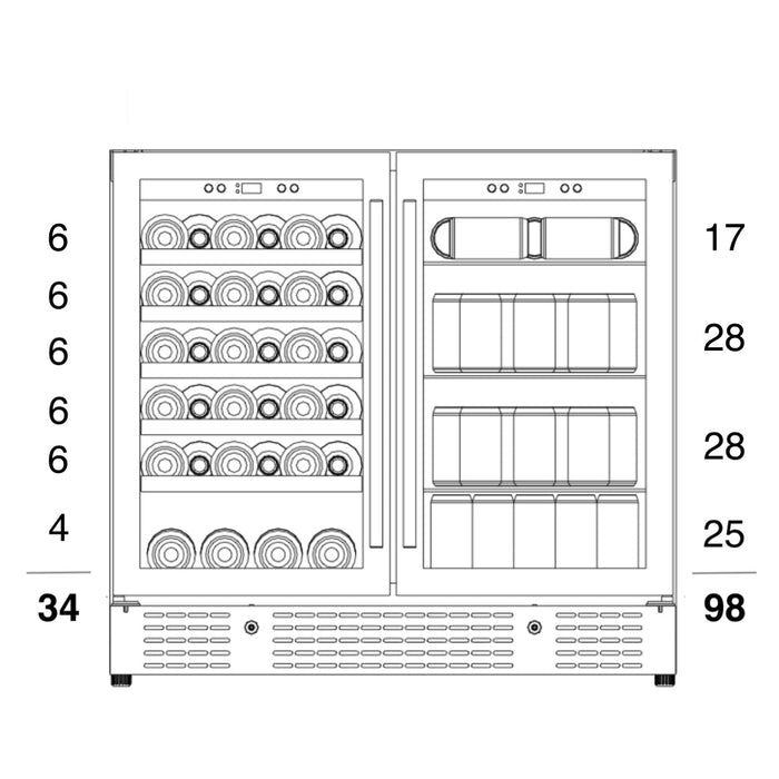 36" Beer and Wine Cooler Combination with Low-E Glass Door