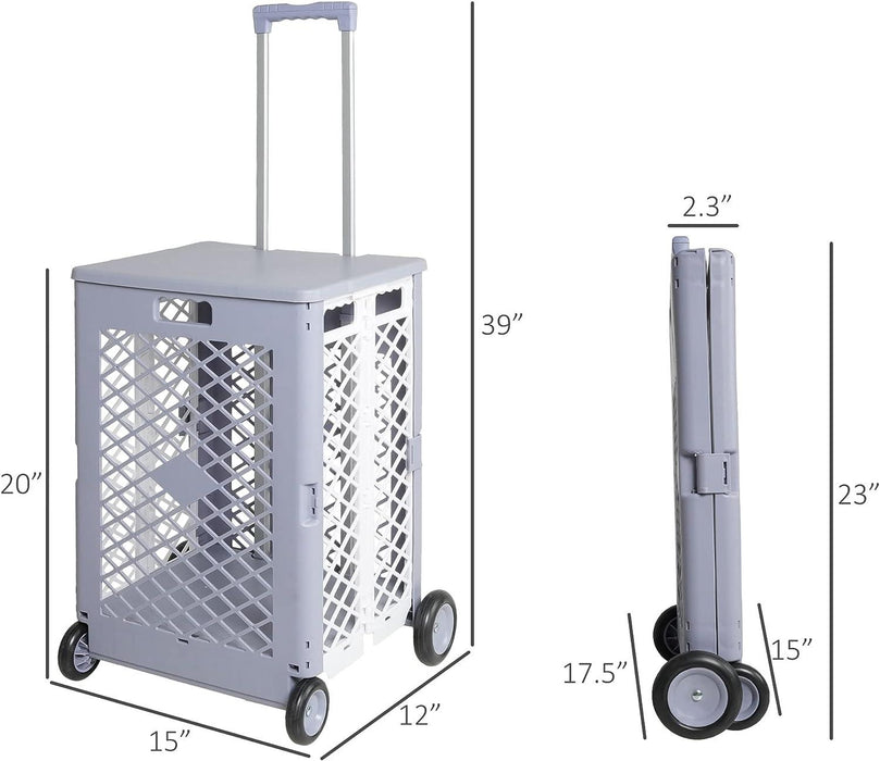 55L Folding Utility Shopping Cart with Lid Wheels Telescopic Handle Collapsible Rolling Crate, Gray