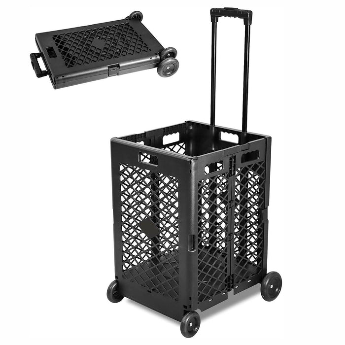 70L Folding Utility Shopping Cart with Wheels Telescopic Handle Collapsible Rolling Crate, Black