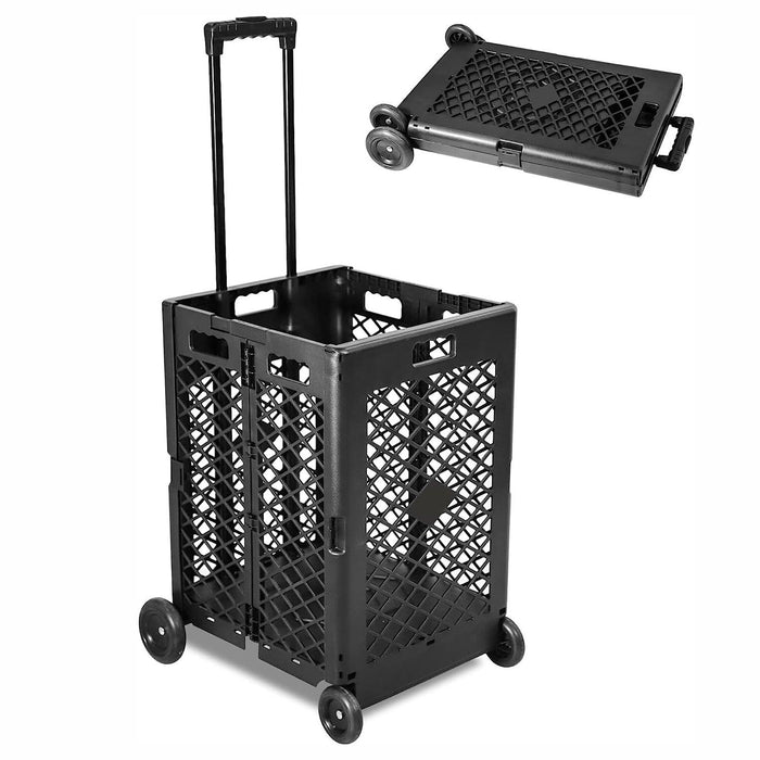 70L Folding Utility Shopping Cart with Wheels Telescopic Handle Collapsible Rolling Crate, Black