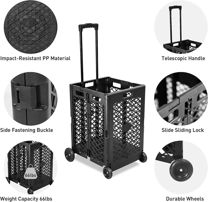 70L Folding Utility Shopping Cart with Wheels Telescopic Handle Collapsible Rolling Crate, Black