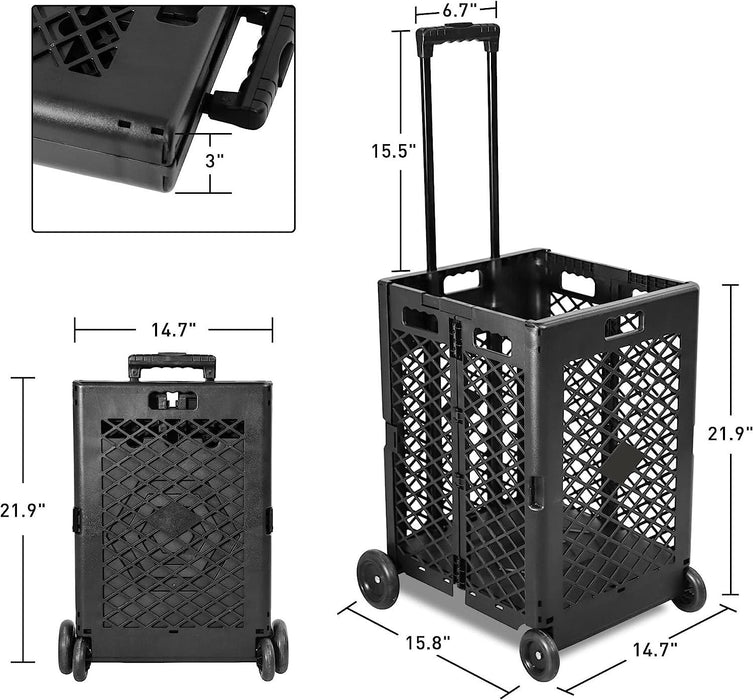 70L Folding Utility Shopping Cart with Wheels Telescopic Handle Collapsible Rolling Crate, Black