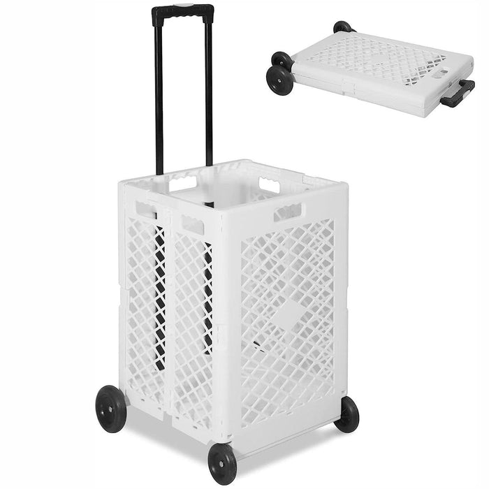 70L Folding Utility Shopping Cart with Wheels Telescopic Handle Collapsible Rolling Crate, White