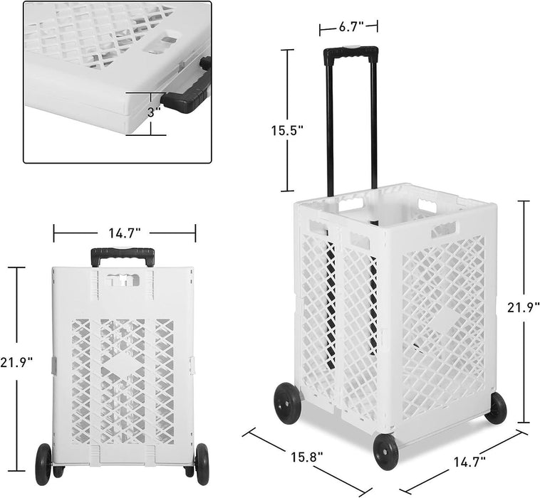 70L Folding Utility Shopping Cart with Wheels Telescopic Handle Collapsible Rolling Crate, White