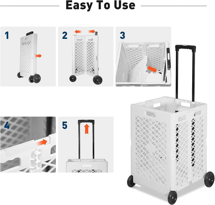 70L Folding Utility Shopping Cart with Wheels Telescopic Handle Collapsible Rolling Crate, White