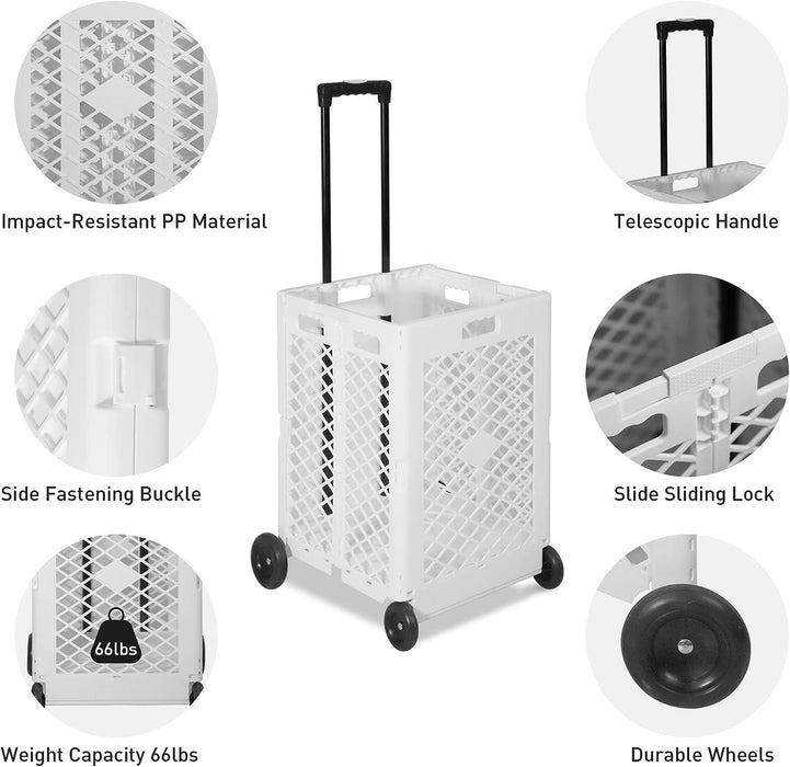 70L Folding Utility Shopping Cart with Wheels Telescopic Handle Collapsible Rolling Crate, White