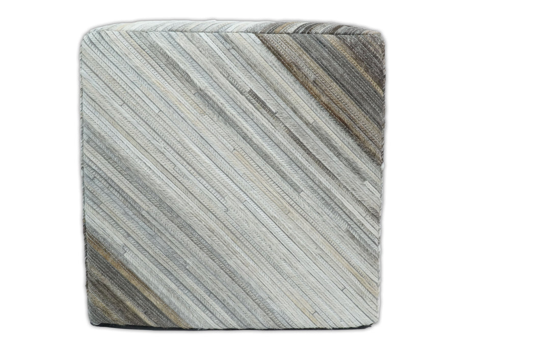 Ivory, Silver and Brown Square Leather Pouf Ottoman, Striped Footstool, Side table, Seat , Foot Rest | TRD106