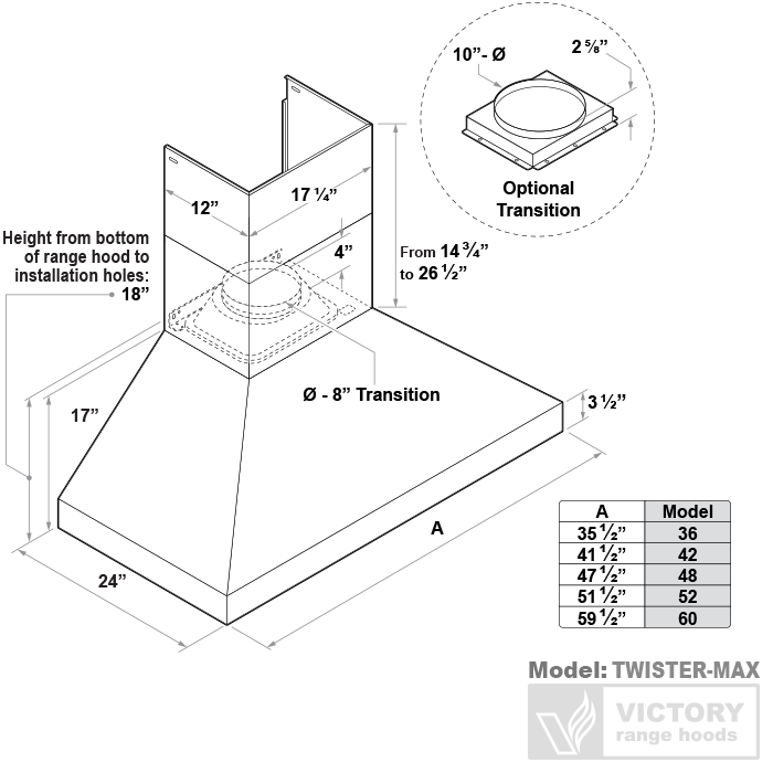 36 Inch Wall Mount Range Hood with 1200 CFM Remote Blower - VICTORY TwisterMAX