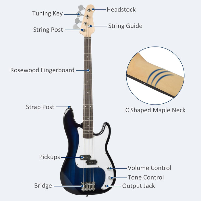 46" Full Size Electric Bass Guitar Kit PB style for Beginners with Amplifier, Blue and White