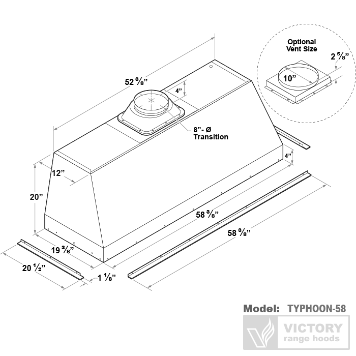 60 Inch 1200 CFM Range Hood Insert - VICTORY Typhoon