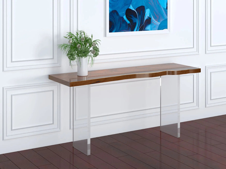 The Floating Live Edge Wood Console Table with Clear Acrylic Bases