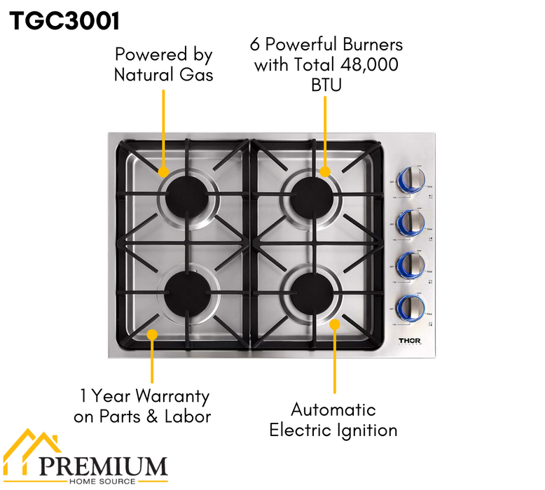 Thor 30 in. Drop-in Natural Gas Cooktop in Stainless Steel, TGC3001