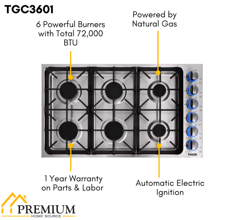 Thor 36 in. Drop-in Natural Gas Cooktop in Stainless Steel, TGC3601