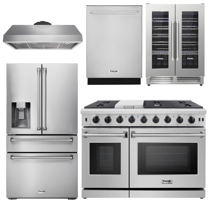 Thor Package - 48" Gas Range, Range Hood, Refrigerator with Water and Ice Dispenser, Dishwasher & Wine Cooler, AP-LRG4807U-11