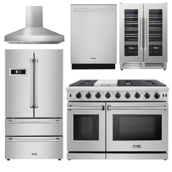 Thor Package - 48" Gas Range, Range Hood, Refrigerator, Dishwasher, Wine Cooler, AP-LRG4807U-W-3