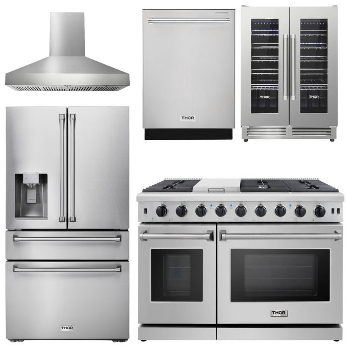 Thor Package - 48" Propane Gas Range, Range Hood, Refrigerator with Water and Ice Dispenser, Dishwasher, Wine Cooler, AP-LRG4807ULP-W-8