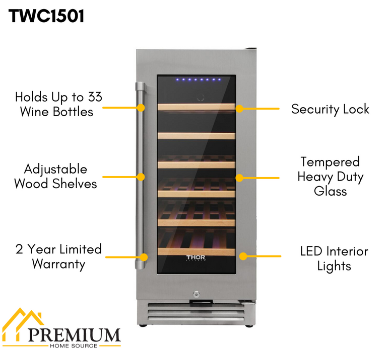 Thor Kitchen 15 in. 33 Bottle Wine Cooler, TWC1501