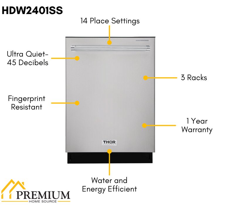 Thor Kitchen Package - 36" Gas Range, Range Hood, Microwave, Refrigerator with Water and Ice Dispenser, Dishwasher, Wine Cooler, AP-TRG3601-14