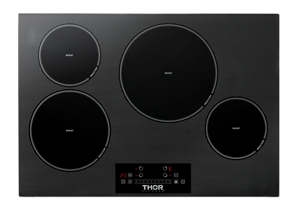 Thor Kitchen Package - 30" Induction Cooktop, Range Hood, Microwave, Refrigerator with Water and Ice Dispenser, Dishwasher, Wine Cooler